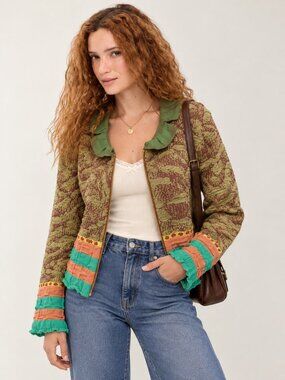 Eva & Claudi Green Multicolor Wool Sweater Taffeta Collar Ruffles Art‎ To Wear S